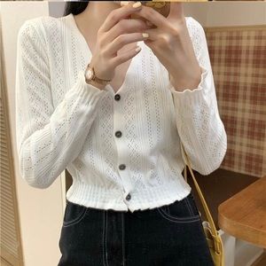 White Pointelle Cropped Cardigan Sweater